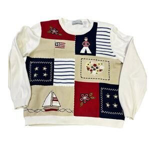 Vintage Alfred Dunner Nautical Cardigan Sweater, Women’s XLP Americana Patriotic